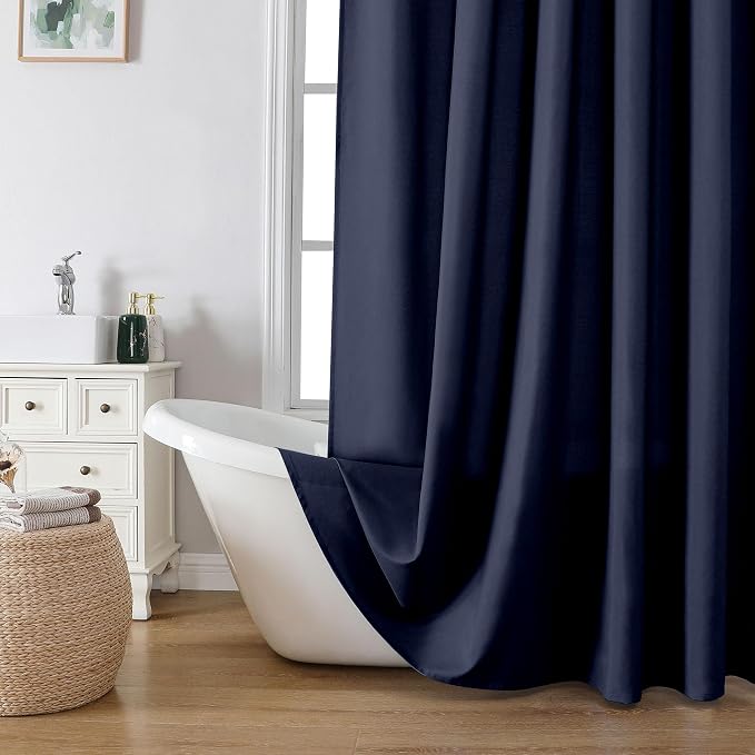 Zora 84 Inch Shower Curtain Set with 12 Plastic Hooks, Plain Fabric Shower Curtain for Bathroom - Extra Long Shower Curtain, Water Resistance, Machine Washable Soft Cloth, 72WX84L, Navy Blue
