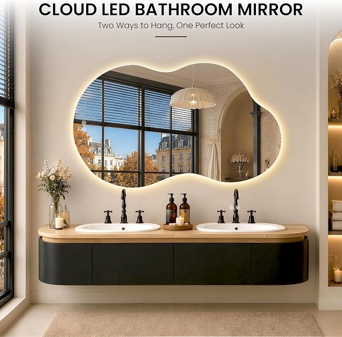 36" x 60" Irregular Backlit Bathroom Mirror, Anti-Fog | Tempered Glass, Cloud Shape, 3 Color Lighting, Stepless Dimming, Memory Function, HD Reflection, Wall Mounted