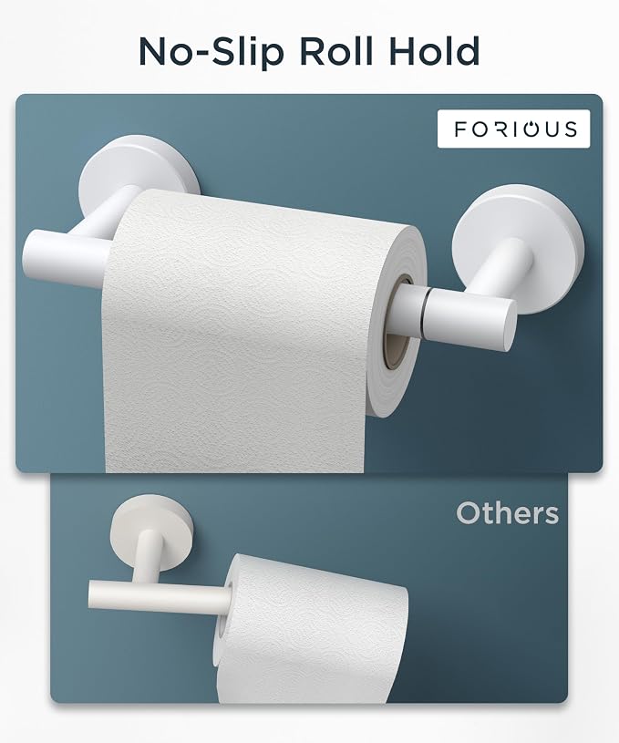 FORIOUS Commercial Toilet Paper Holder Wall Mount Bathroom Tissue Holder | White | SUS304 Stainless Steel Rustproof | Double Post Pivoting Toilet Paper Roll Holder | Screw-In | Round Base