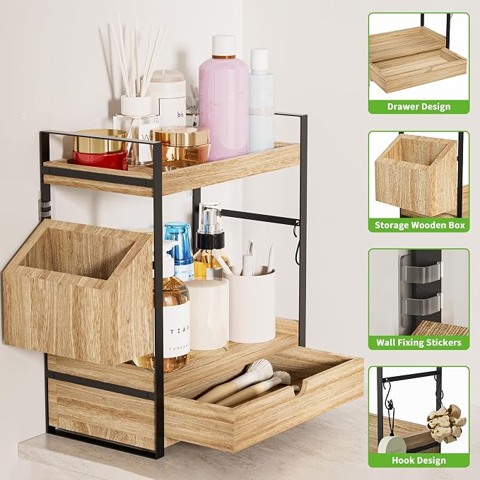 2-Tier Bathroom Counter Organizer, Wooden Vanity Shelf with Drawer & Basket | Pre-Drilled Holes, Skincare & Makeup Countertop Organizer and storage