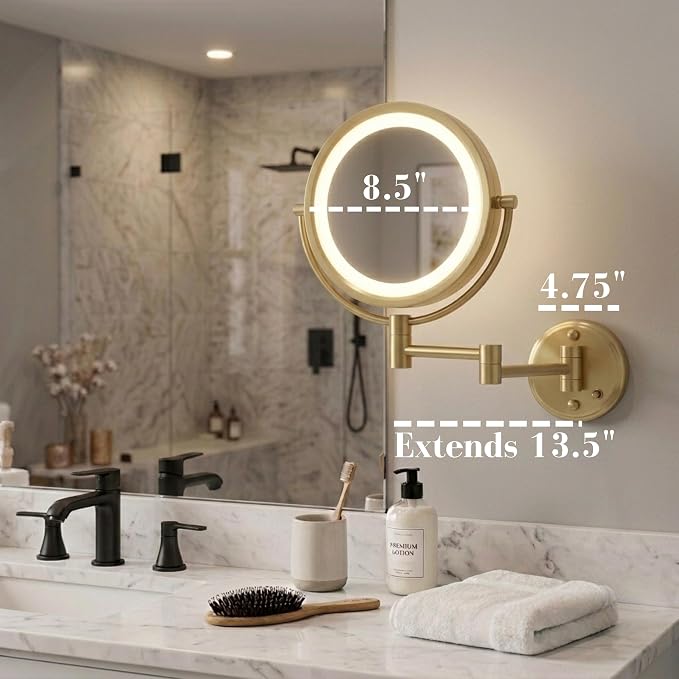JERDON Hardwired Wall-Mount Makeup Mirror - 8X/1X - Gold - HL88BGLD | 8.5" Round Frame, 13.5" Wall Arm, LED Lighting, Direct Wire Installation