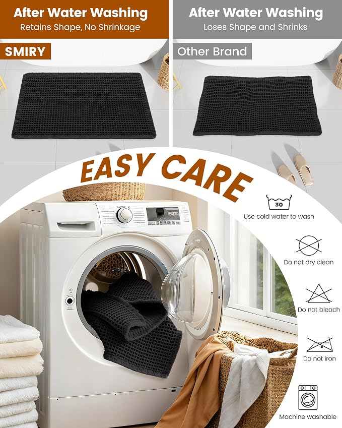 Smiry Waffle Bath Mat 30X18, Extra Soft Absorbent Bathroom Rugs, Black | Non Slip Machine Washable Quick Dry Bath Rugs for Bathroom Floor, Tub, Shower, Home Decor Accessories