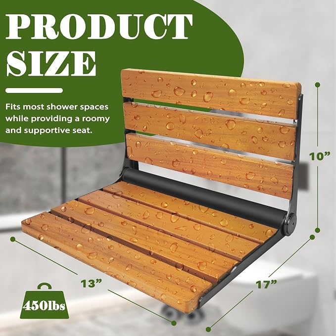 Folding Shower Seat Teak, Folding Shower Seat Wall Mounted, Foldable Shower Chair for Home Care, 450 lbs Capacity (Black-Colored Stainless Steel, 13'' D x 17'' W x 10'' H)