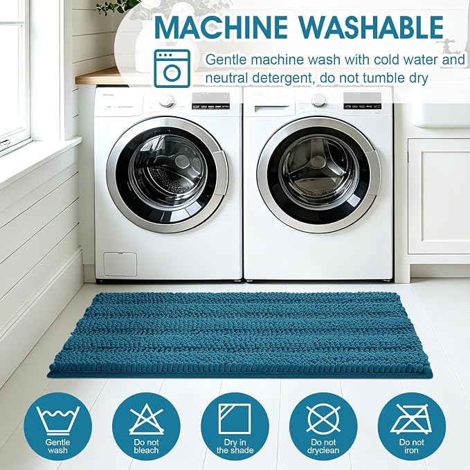 Comfydew Striped Teal Blue Bathroom Rug Set 3 Pieces Ultra Soft, Non Slip Chenille Toilet Mat, Absorbent Plush Shaggy Bath Mats for Bathroom, Bedroom, Kitchen