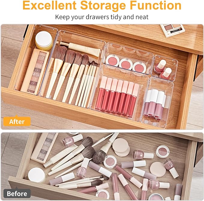 SMARTAKE 22-Piece Drawer Organizer with Non-Slip Silicone Pads, 5-Size | Clear Desk Bathroom Drawer Organizer Trays Storage Tray for Makeup, Jewelry, Utensils in Bedroom Dresser, Office and Kitchen