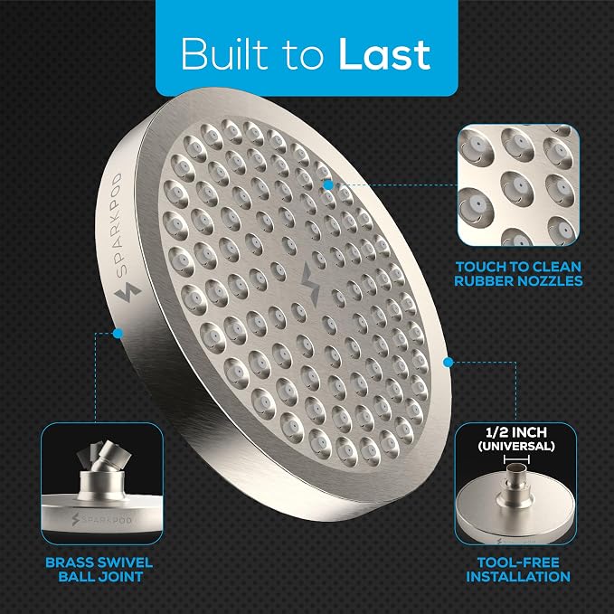 SparkPod Rain Shower Head, 6 Inch Round, Elegant Brushed Nickel Finish | High Pressure Shower Heads, 90 Nozzles, Adjustable Showerhead, No Tools Needed, Universal Connection