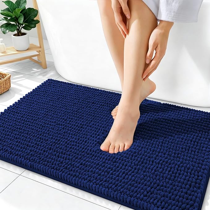 OLANLY Thick Chenille Bathroom Rugs 36x24, Soft Absorbent Bath Mat, Navy | Bath Rugs, Rubber Backing, Machine Wash Dry, Bath Mats for Bathroom Floor, Tub and Shower, Home Decor Accessories