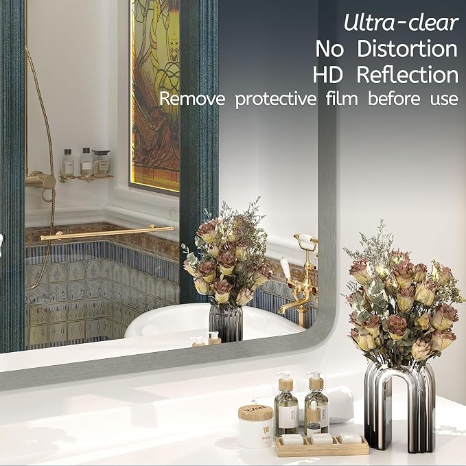 OKPAL Brushed Nickel Mirror 24 x 36 Silver Bathroom Mirror, Rounded Rectangle Silver Vanity Mirror with Brushed Metal Frame, HD Anti-Rust Wall Mirror(Horizontal/Vertical)