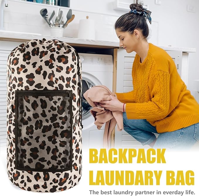 Olosar Laundry Bag Backpack, 2PCS Extra Large Travel Laundry Bag with Mesh Pocket & Adjustable Shoulder Straps,Dirty Clothes Travel Bag for College Students Dorm,Apartment(Leopard Print)