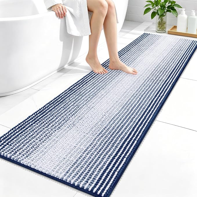 OLANLY Bathroom Runner Rugs 59x20, Soft Chenille Striped Bath Rugs, Navy | Extra Absorbent, Rubber Backing, Machine Wash Dry, Bath Mats for Bathroom Floor, Tub and Shower, Home Decor Accessories