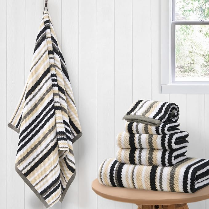 VOOVA & MOVAS Striped Towels 6 Pack, 100% Cotton, Black | Complete Bathroom Matching, Available in 13x13, 16x27, 28x52 In, Quick Dry, Highly Absorbent, Bath Towels with Hanging Loops