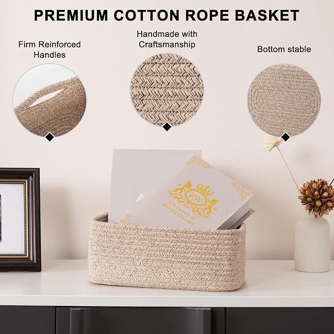 OIASKET 4 Pack Small Storage Shelf Baskets for Organizing, Mini Woven Rope Storage Bins for Towels, Cute Decorative Closet Organizer，Baby Nursery, Gift Empty Baskets -11.81''Lx7.87''Wx4.72''H'-Brown