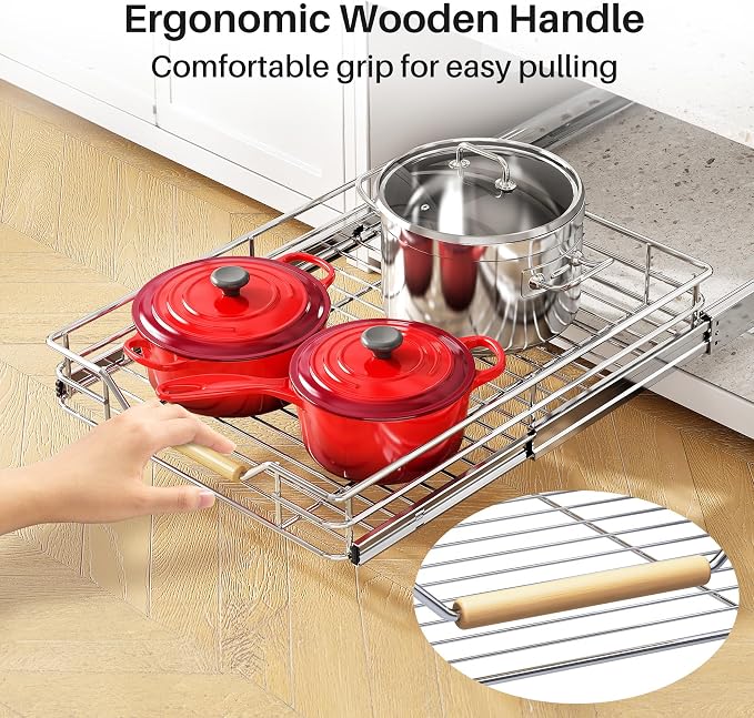 Pull out Cabinet Organizer, 15"W X 21"D, Heavy Duty Smooth Sliding Under Cabinet Shelves for Pots and Pans, Full-Extension Roll out Drawers, Slide out Organization for Home Kitchen Pantry