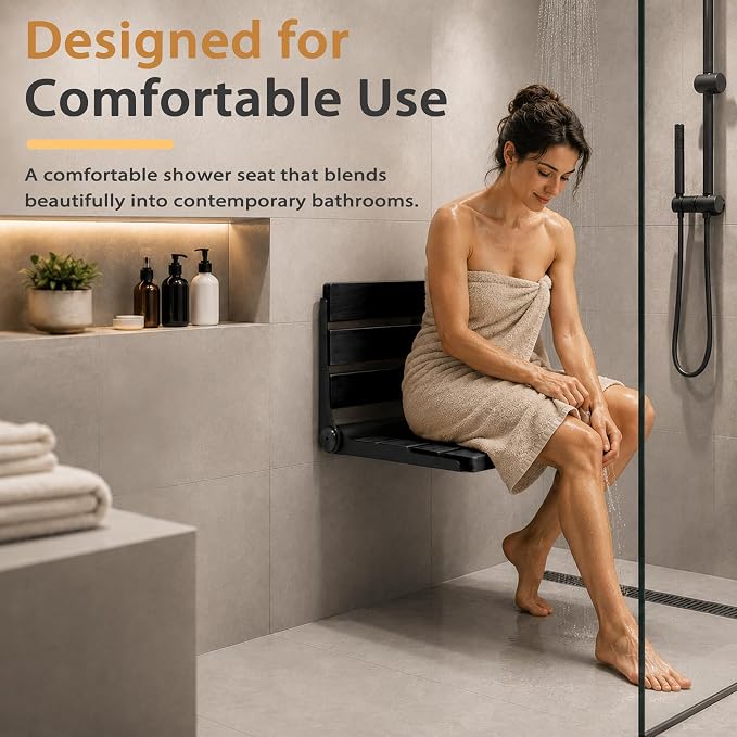 Folding Shower Seat Teak, Bathla Safety Furniture Stainless Steel, Shower Seats for Elderly, Fold Down Shower Seat, Black Wood