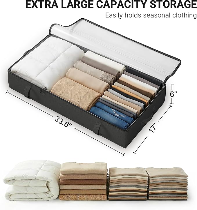 2-Pack Under Bed Storage Containers, 6 Inches Tall Clothes Storage, Black | High Side Collapsible Underbed Organizer Bin with Sturdy Sidewalls/Bottom, Cotton Linen Bins, For Seasonal Clothes & Bedding