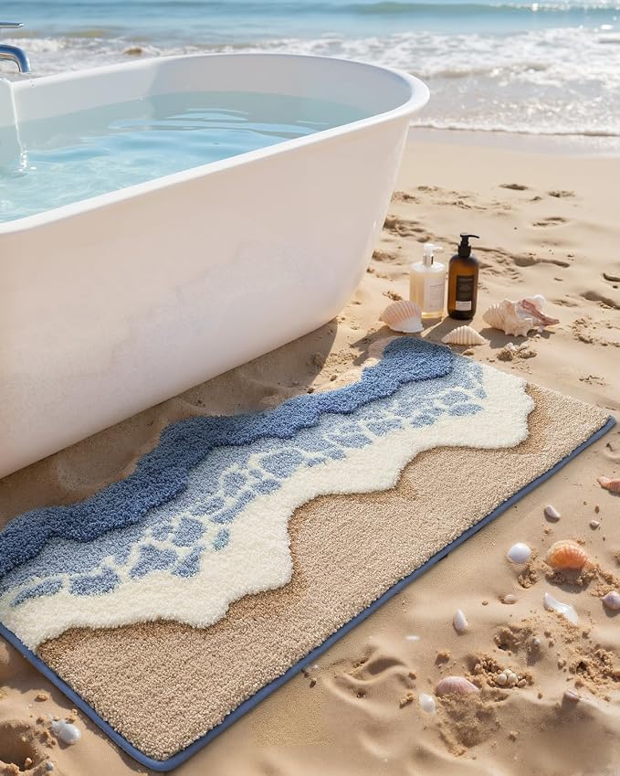 DEXI Cute Bath Mat, Sea Ocean Wave Bathroom Rugs, 43x26 Blue | Soft and Absorbent Microfiber, Non Slip, Machine Washable Bathmat for Shower Floor, Bedroom, Kids Room, Home Decor