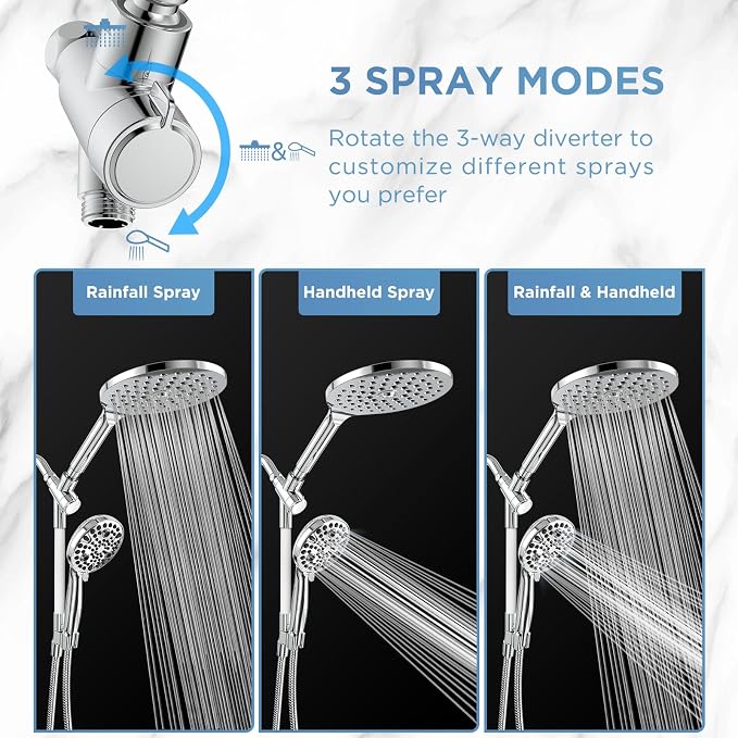 MakeFit Dual Handheld Shower Head Combo, 2-in-1 Rain Shower Heads System 8 Inch Rainfall Shower Head and 10 Modes High Pressure Hand Held Showerhead with Built-in Power Wash
