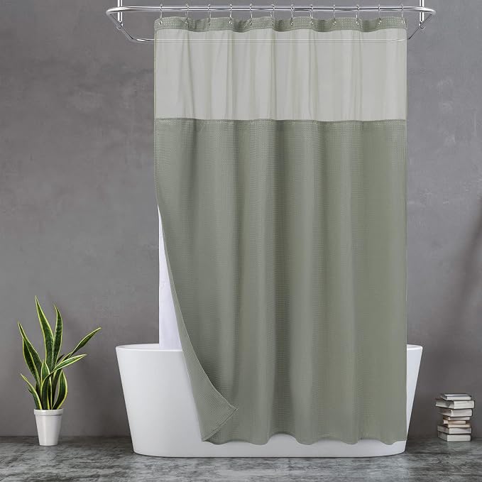 N&Y HOME Extra Long Waffle Shower Curtain with Snap-in Liner Sage, 71x84 | 12 Hooks & Snap on Fabric Liner, Washable, Mesh Window, Hotel Style, 84 inches Length Sage Shower Curtain Set for Bathroom