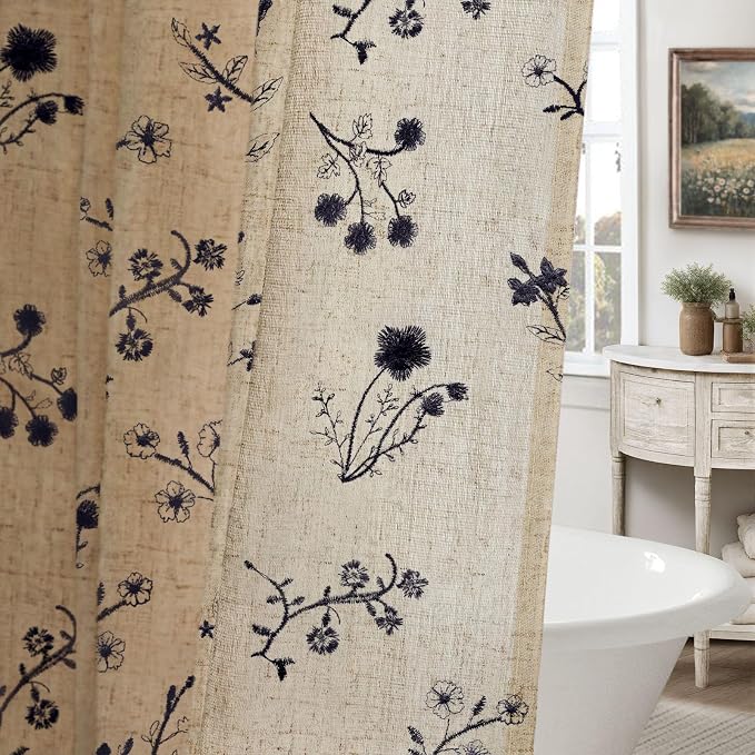 Black Floral Farmhouse Vintage Linen Shower Curtain, French Country Embroidered Textured Shower Curtains for Bathroom, 72Wx72H