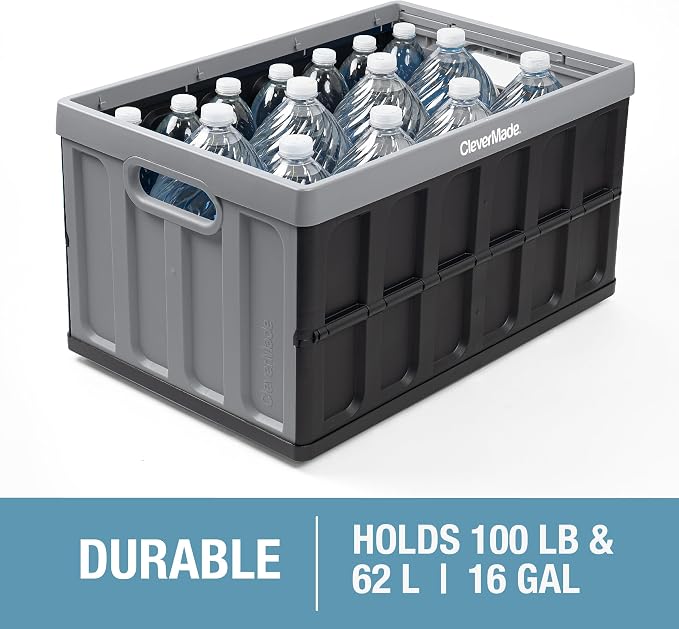 CleverMade Collapsible Storage Bin (With Lid) - 62L - Ocean (3PK) | Store Bigger Loads Under a Secure Lid | Each Bin Holds 100 lb, Stacks Neatly, and Folds to 2.5 Inches When Empty