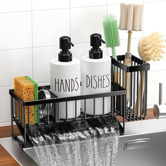 MASADI Kitchen Dish Soap Dispenser Set with Sponge Holder, 12OZ Glass Bottle, Hand and Dish Soap Dispenser Set, Non-Slip Silicone Pad, Brush Holder, Kitchen Sink Organizer Countertop (Black+White)