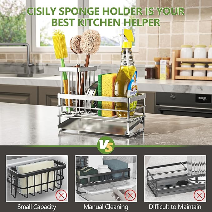 Cisily Sink Caddy Sponge Holder for Kitchen with Brush Holder and Stainless Steel Self Drain Tray, Rustproof Kitchen Sink Organizer for Sponge, Soap Dispenser Storage Accessories