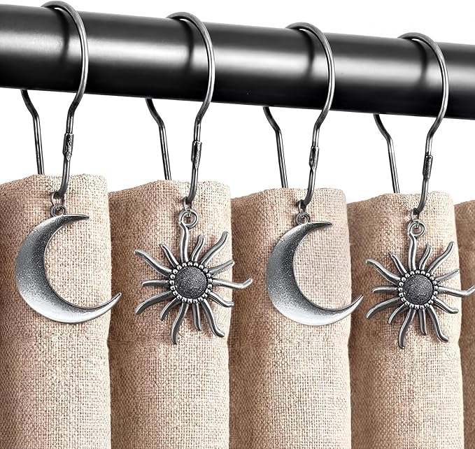 12 Pcs Sun Moon Celestial Shower Curtain Hooks Boho Theme Bathroom Decor Mystic Fantasy Goth Curtain Hooks Rings Vintage Bathroom Decoration(Boho,Silver)