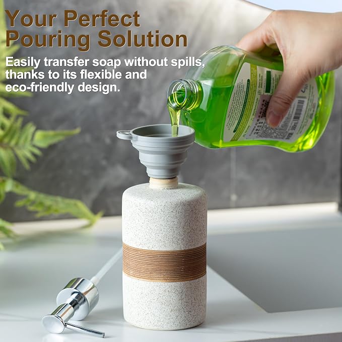 Ceramic Hand Soap Dispenser for Kitchen and Bathroom, Pump Bottle | Refillable Shampoo and Conditioner Dispenser | Lotion and Body Wash Dispenser with Stainless Steel Pump, Funnel, 12OZ White