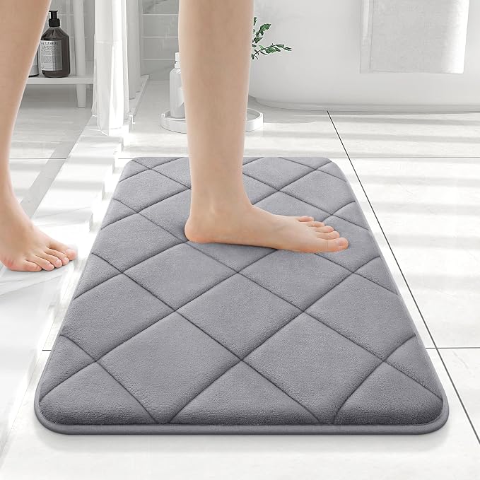 OLANLY Memory Foam Bath Mat 24x16, Ultra Soft and Absorbent Bathroom Rugs | Medium Grey, Quick Dry, Machine Washable Shower Bath Rugs, Comfortable Bath Carpet for Bathroom Floor, Tub and Shower