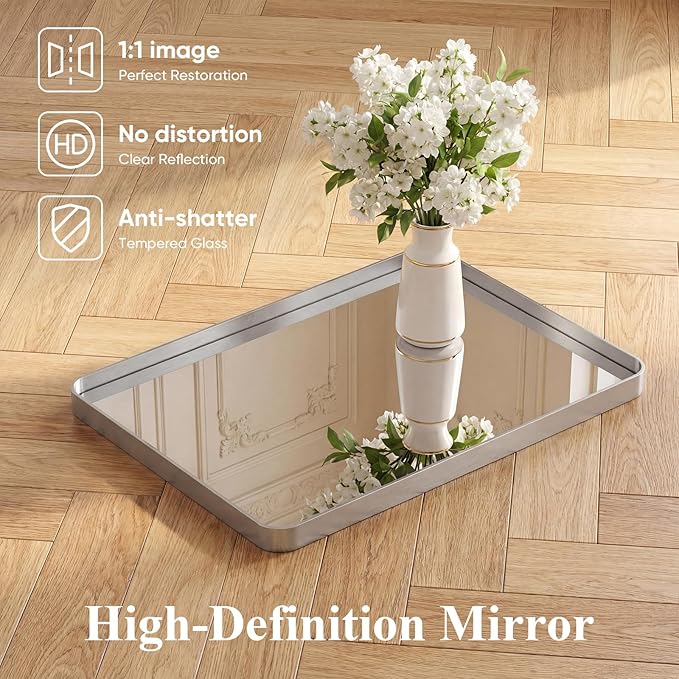 NEWBULIG Bathroom Mirror for Over Sink, 32X48 Inch Wall Vanity Mirror | Wall Mount, Tempered Glass, Anti-Rust Metal Framed, Rounded Rectangle, Farmhouse Home Decor, Silvery