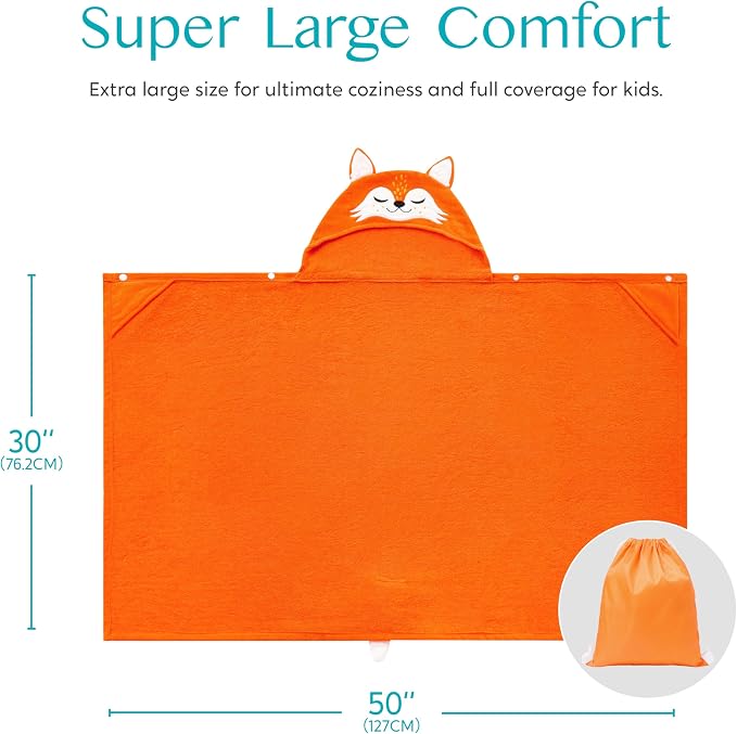 Joiedomi Hooded Towel for Kids Soft 100% Cotton Bath Beach Towel 30" x 50" for Kids 3-8 Years Toddler Pool Poncho with Hood Absorbent Swim Wrap for Boys Girls Orange Fox