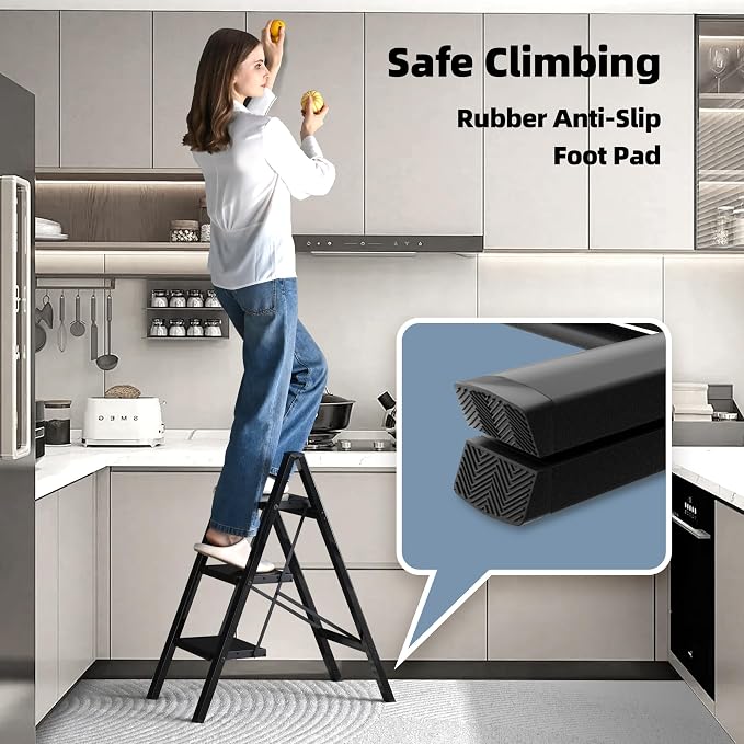 HillhutApex Aluminum Step Stool Foldable,3 Step Ladder (Black) | Lightweight Portable step ladder with Anti-Slip Wide Pedal,330lbs Capacity Ladder for Household,Office,Kitchen