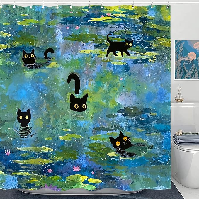 Accnicc Cute Cat Shower Curtain 78 Inch Long Funny Fun Cool Cats Monet Shower Curtains for Bathroom Water Lilies Waterproof Fabric Bath Curtain Decor