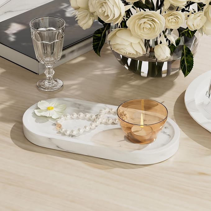 Decorative Trays with Natural Patterns,9.8x4.7x0.7in,Carrara White | Pure Marble Vanity Tray with Anti Slip Foot Pads, Polishing Pallet,Elliptical Stone Bathroom Organizer,Platter for jewelry