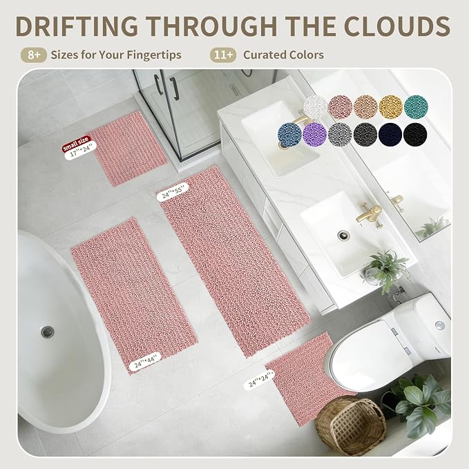 Bathroom Rugs Non Slip Washable 32x20, Extra Thick Soft Chenille Absorbent Bath Mat, High Density Barrier Non Slip Backing, Quick Dry Plush Shaggy Floor Carpet for Tub&Shower, Pink