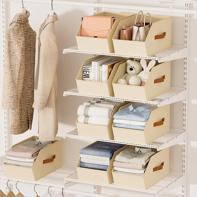 Large Closet Storage Cubes - Closet Storage Bins with Dual Handles for Clothes, Towels, Toys, Shelf Organizer Bins for Bedroom, Nursery, Shelves, Small Spaces, Beige, 3 Pack