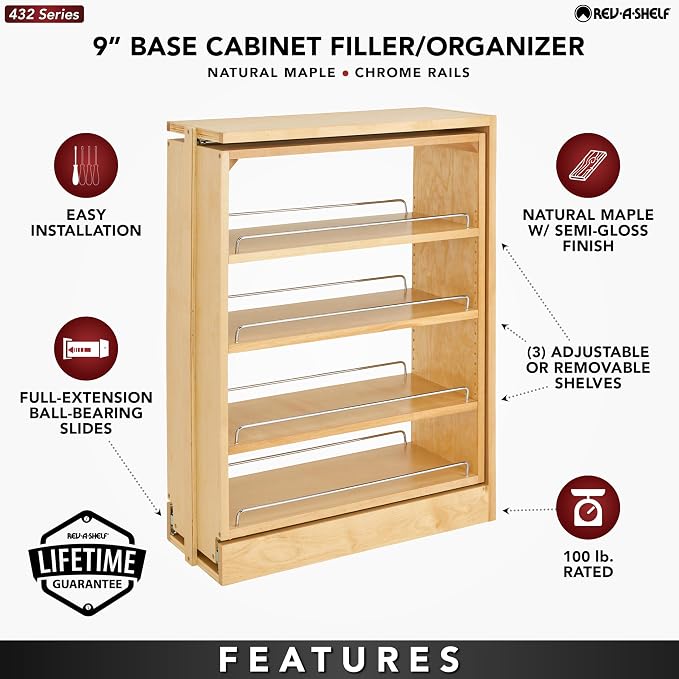 Rev-A-Shelf Pullout Shelf Organizer for Base Kitchen or Bathroom Cabinets, Wood Filler Pantry Storage or Spice Rack, Maple, 9" x 23" x 30", 432-BF-9C