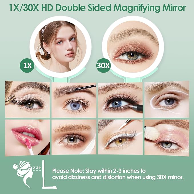 MIYADIVA Magnifying Mirror with Light, Double Sided 30X/1X Lighted Travel Makeup Mirror with Magnification, 3 Color Lighting, Dimmable Touch Screen, Adjustable & Foldable Hand Mirror (Green)