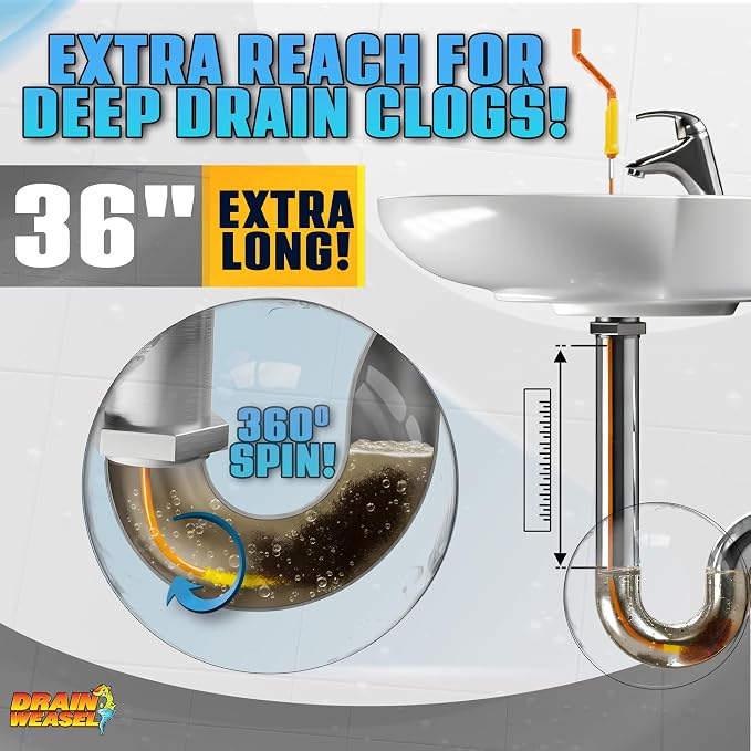 FlexiSnake Drain Weasel PowerSnake Drain Hair Clog Remover Tool, 3 Wands | 36" Long Refills, Plumbing Snake Auger for Cleaning Shower, Tub, Bathroom with Drill Connector, Rotating Handle, Made in USA
