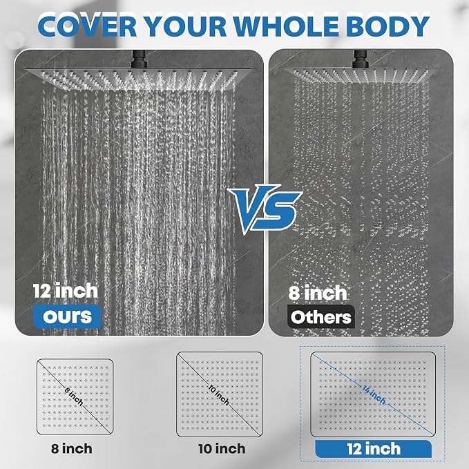 Shower Head,12”Rain Shower Head with Handheld Spray Combo with 11'' Angle Adjustable Extension Arm/Flow Regulator/Shower System,High Pressure Rainfall Shower Head Clean Bathroom,Matt Black