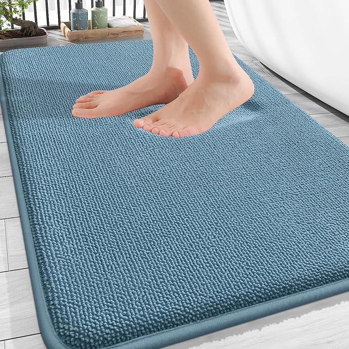 OLANLY Thick Memory Foam Bathroom Rugs 34x21, Absorbent Bath Mat, Airy Blue | Soft Quick Dry Bath Rugs, Non-Slip, Machine Washable Carpet for Bathroom Floor, Tub and Shower, Home Decor Accessories