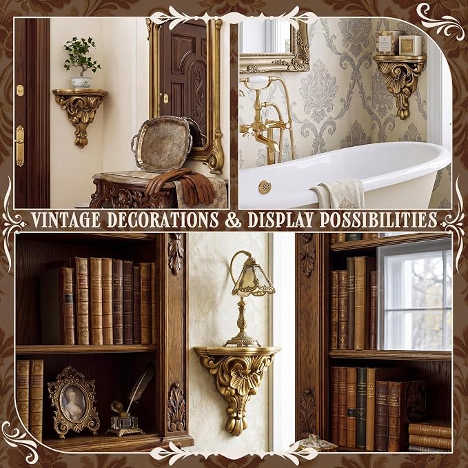Pinkunn 11" Vintage Antique Gold Floating Wall Bracket | French Country Fleur De Lis Victorian Baroque Floating Shelf, Gothic Decorative Bracket for Living Room, Bedroom & Entryway