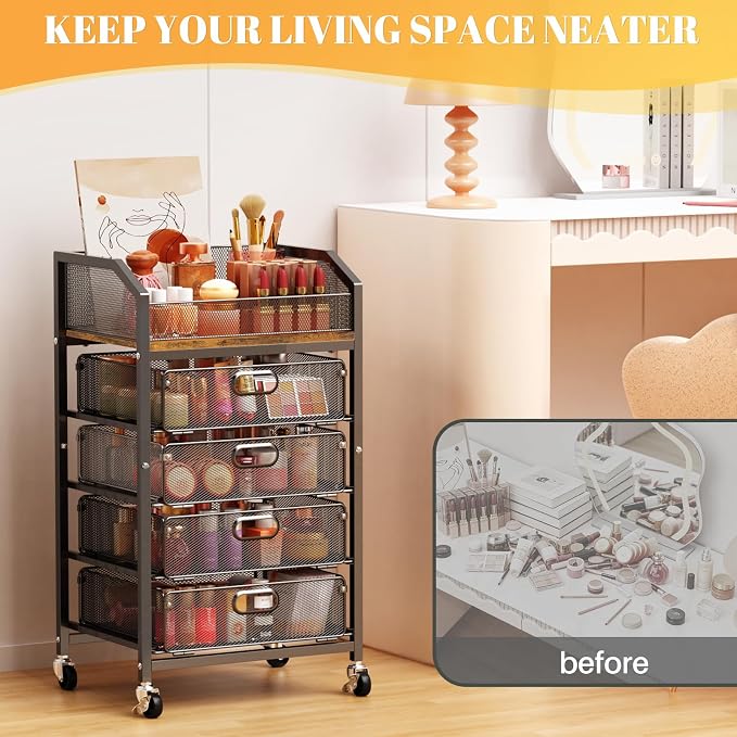 SUNALLY Rolling Makeup Cart with Drawers, Rolling Vanity Nail Cart, Black | 5-Tier Metal Floor Beauty Vanity Organizer, Makeup Storage Cart for Skincare, Cosmetic, Nail Polish Supply, Kitchen, Bathroom