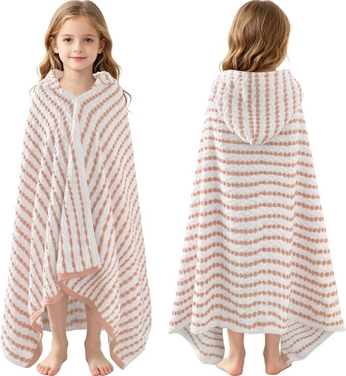 VOOVA & MOVAS Kids Hooded Bath Towel, 6-10 Years, 100% Cotton, White Brown | Lovely Dotted Plaid Design, Dense Thick Towel, Great Absorbency for All Water Scenes