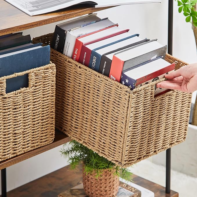 Wicker Storage Basket, Set of 2 Hand-Woven Paper Rope Wicker Basket, Small Storage Baskets for Organizing Toilet Paper Basket, Foldable Large Cube Storage Organizer Bins for Shelves (Natural)