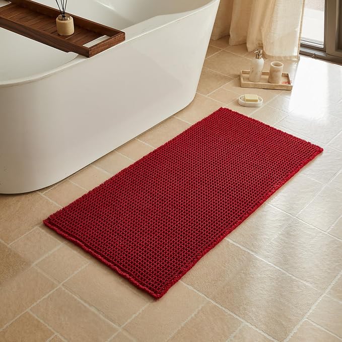 Triohero Waffle Bath Mat, Boho Bathroom Rugs Non Slip Washable, Ultra Soft Super Absorbent Quick Dry Farmhouse Bathroom Decor, 24" x 48", Burgundy