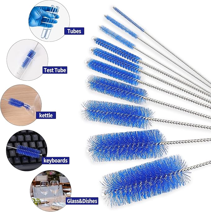 CiaraQ Bottle Cleaning Brushes, 8 Inch Nylon Tube Brush Set | Navy Blue Cleaner for Narrow Neck Bottles Cups with Hook, Set of 10pcs.