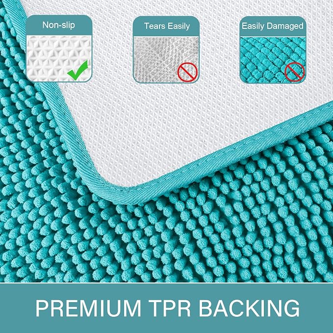 LOCHAS Luxury Bathroom Rug Shaggy Bath Mat 24 x 44 Inch, Teal Blue | Washable Non Slip Bath Rugs for Bathroom Shower, Soft Plush Chenille Absorbent Carpets