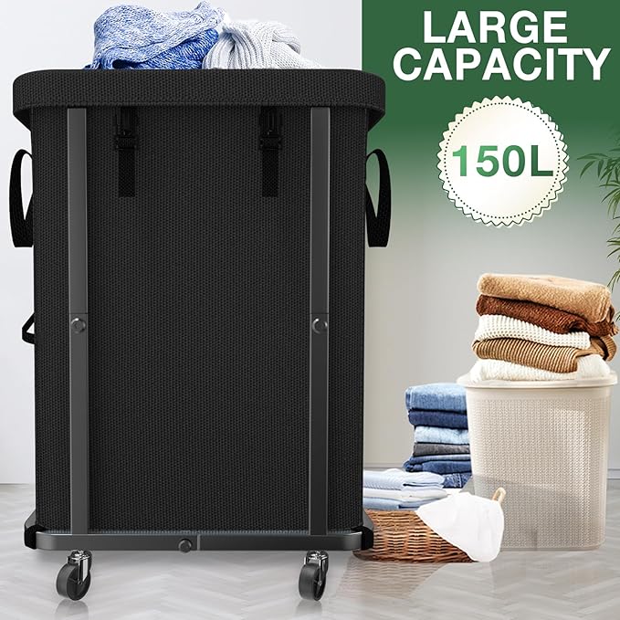 Laundry Basket with Lid,150L Rolling Laundry Hamper with Wheels Black | Dirty Clothes Hamper with Metal Frame and Removable Bag Design,Large Rolling Hampers for Laundry Room, Bedroom,Dorm