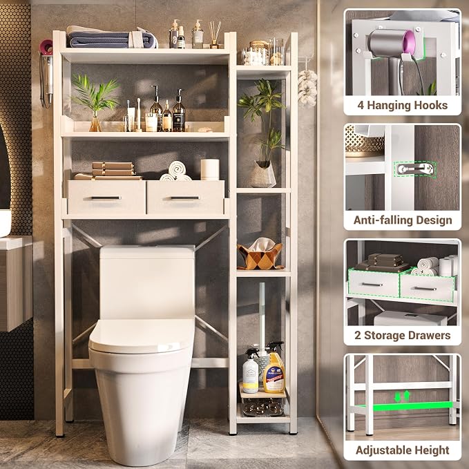 Besiost Over The Toilet Storage, 7 Tier Bathroom Organizer with Reversible Side Shelf and 2 Fabric Drawers, Adjustable Freestanding Rack Space Saver for Small Spaces, White